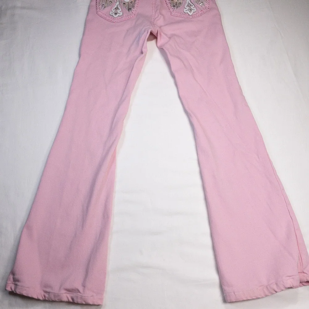 Love You Pink Y2K Wing Cross Sequin Rhinestone Flare Jeans Size 1/2 VVA08
